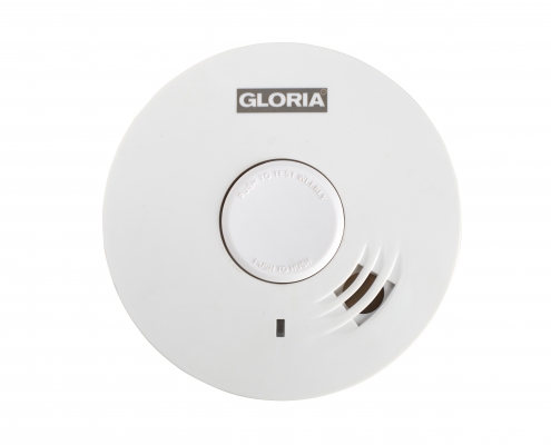 Weißer Rauchmelder der Firma GLORIA, Modell R-10
