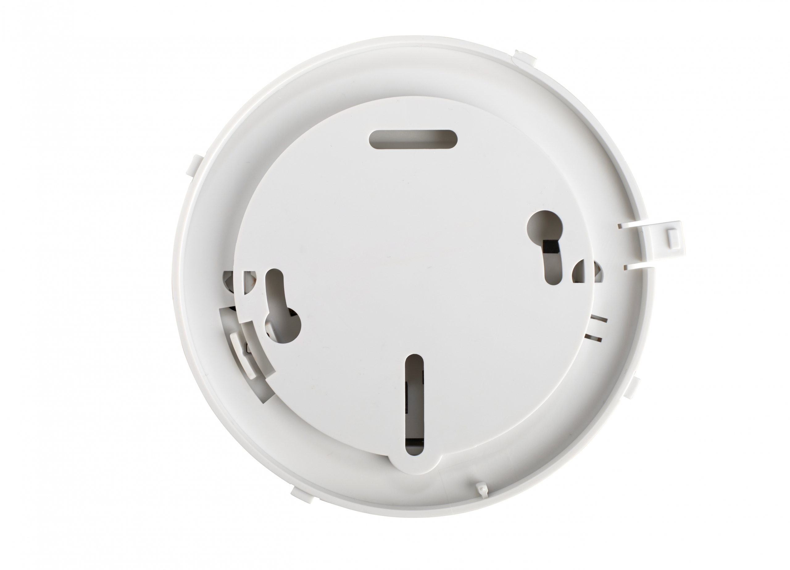 Weißer Rauchmelder der Firma GLORIA, Modell R-10, Montageseite