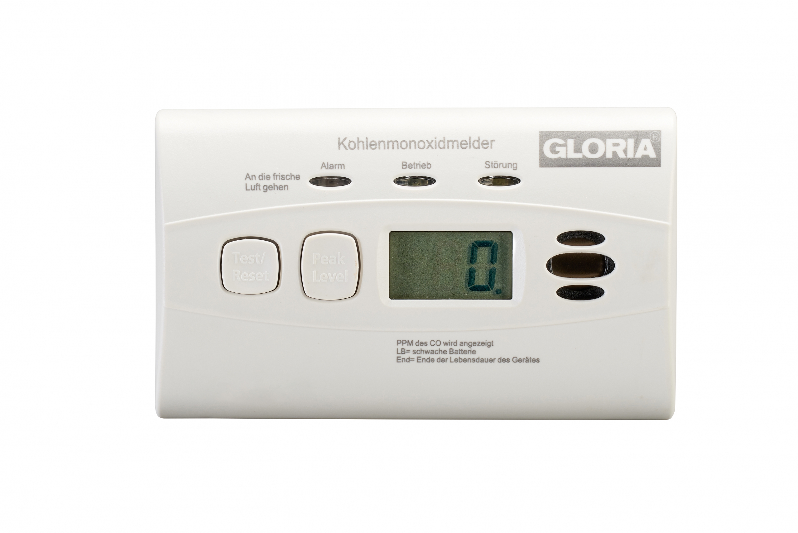 Weißer Kohlendioxidmelder der Firma GLORIA, Modell KO10D